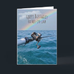 Tarjeta Fishing Reel and Rainbow Birthday Card<br><div class="desc">Salmon fishing reel over blue water with rainbow for father-in-law birthday.
Text can be edited or deleted.</div>