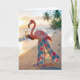 Tarjeta Flamenco de Cumpleaños con Champán en una Playa