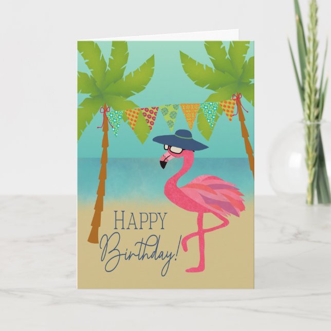 Tarjeta Flamenco de Cumpleaños en la Playa (Anverso)