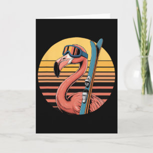 Tarjeta Flamenco de esquí con gafas Retro puesta de sol al