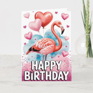 Tarjeta Flamenco Rosa Adorable con Globos en Forma de Cora