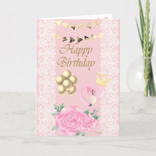 Tarjeta Flamenco Rosa Adorable, Tiara, Encaje, Globos