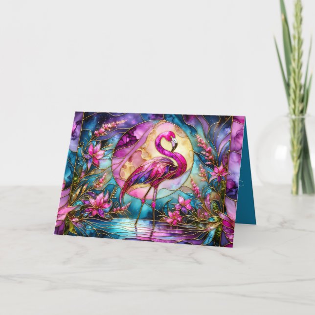 Tarjeta Flamenco Rosa Mosaico de Vidrio Emplomado (Anverso)