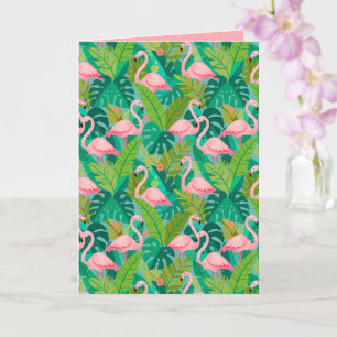 Tarjeta Flamencos rosados tropicales follaje de la selva