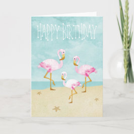 Tarjeta Flamencos rosas acuarelas en la playa