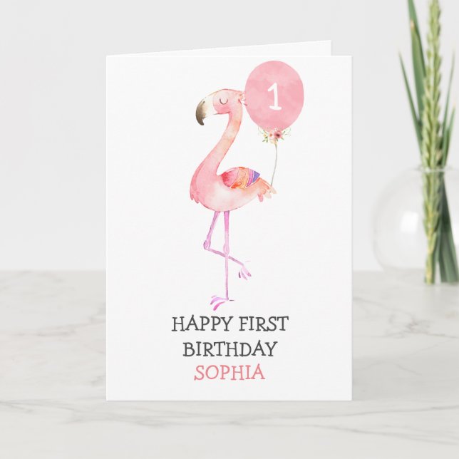 Tarjeta Flamingo Chica Pink Primer cumpleaños primer cumpl (Anverso)