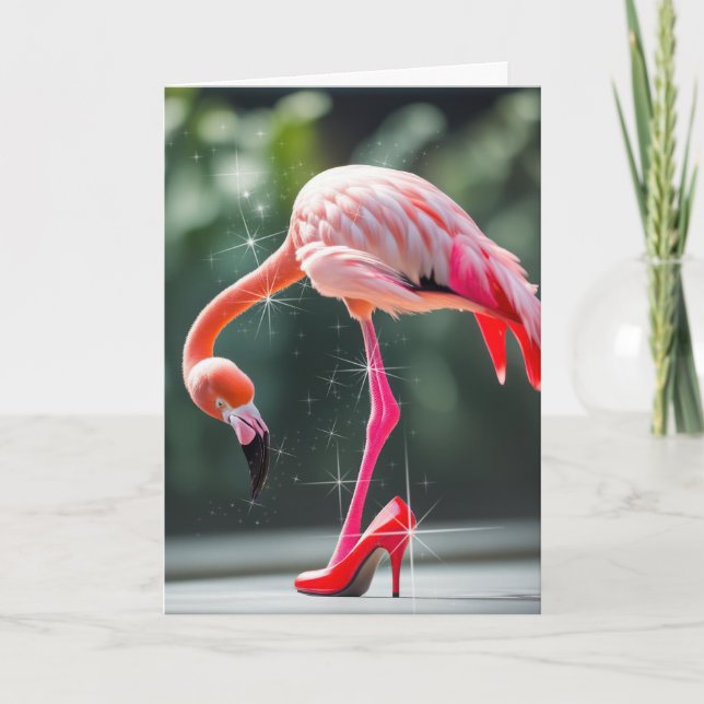 Tarjeta Flamingo Con Zapato Rojo De Alto Techo (Anverso)