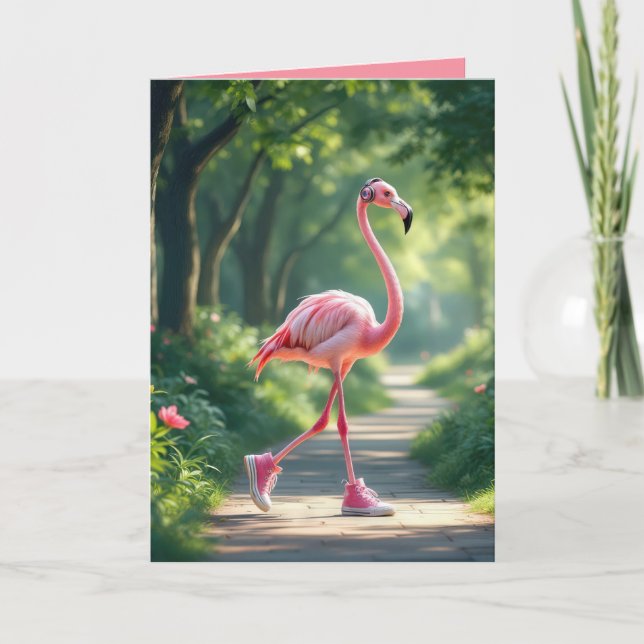 Tarjeta Flamingo de cumpleaños con audífonos y zapatillas (Anverso)