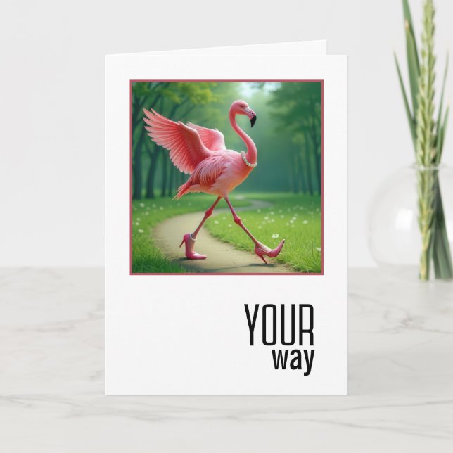 Tarjeta Flamingo de cumpleaños con perlas y bombas (Anverso)