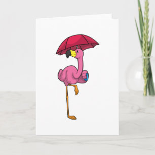 Tarjeta Flamingo en la lluvia con paraguas