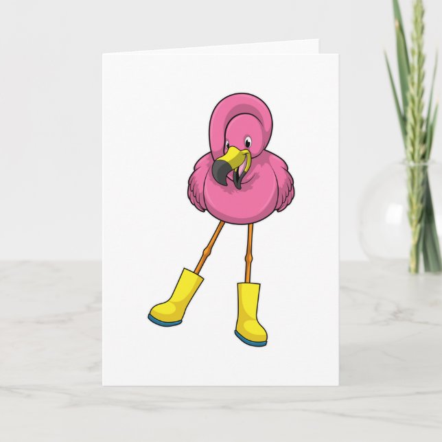Tarjeta Flamingo en Lluvia con botas de goma (Anverso)