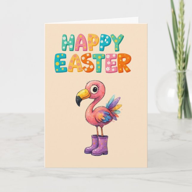 TARJETA FLAMINGO FELIZ PASCUA PASTEL (Anverso)