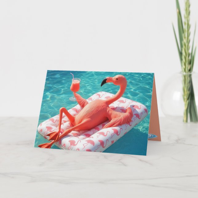 Tarjeta Flamingo Flamingo de cumpleaños en una piscina (Anverso)