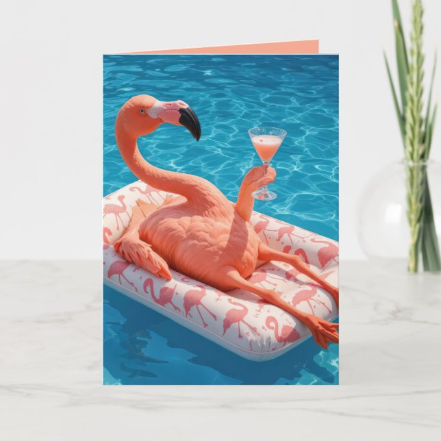 Tarjeta Flamingo Flamingo de cumpleaños en una piscina (Anverso)