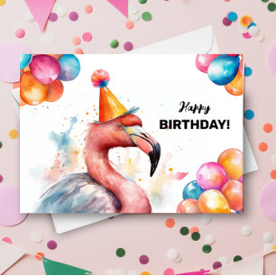 Tarjeta Flamingo Globos y Gorra Fiesta Cumpleaños tropical