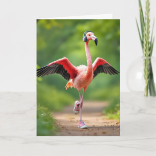 Tarjeta Flamingo Jogging con altavoces y audífonos rosas