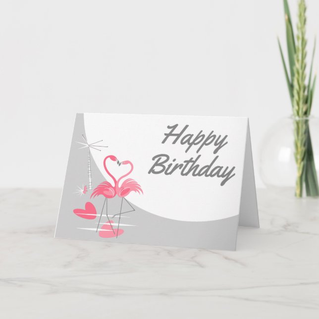 Tarjeta Flamingo Love Large Moon Happy Birthday landscape (Anverso)