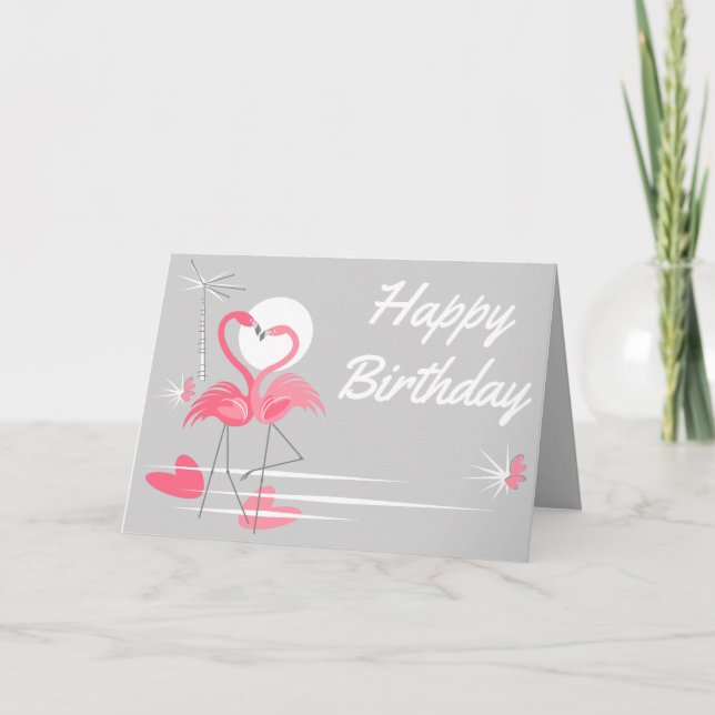 Tarjeta Flamingo Love Side Happy Birday text in gray (Anverso)