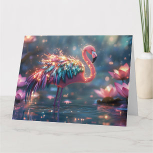 Tarjeta Flamingo mágico Fantasía arte con pluma colorida