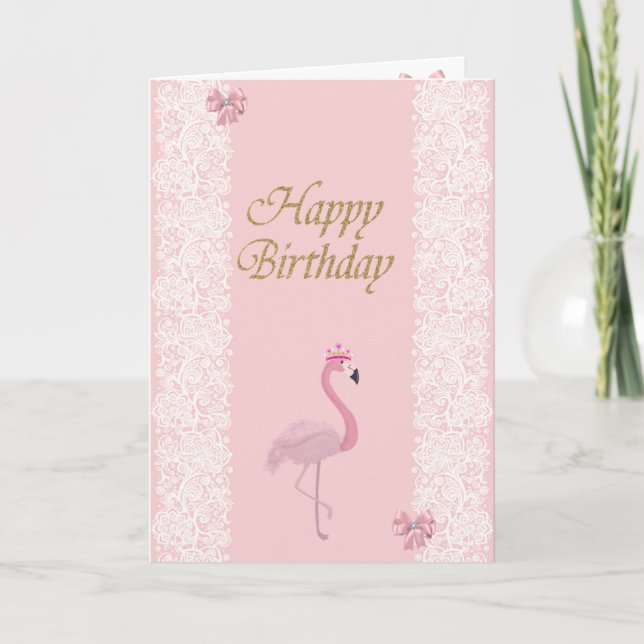Tarjeta Flamingo Rosa Adorable, Tiara, Lace, Bow (Anverso)