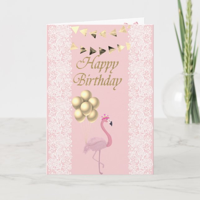 Tarjeta Flamingo Rosa Adorable, Tiara,Lace,Globos (Anverso)