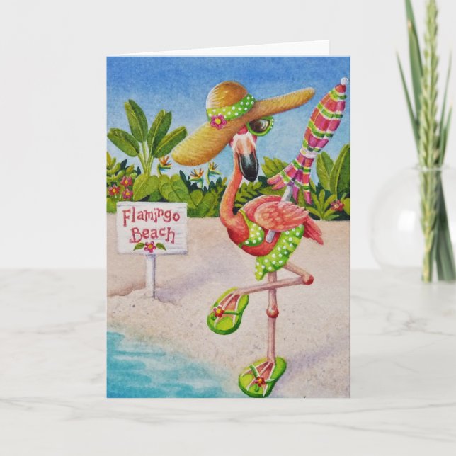 Tarjeta Flamingo rosa caprichoso No. 2 Arte acuarela (Anverso)