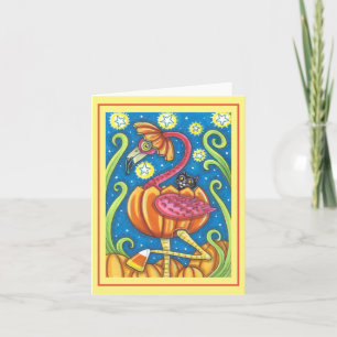 TARJETA FLAMINGO ROSA DE HALLOWEEN GATO NEGRO EN CALABAZA