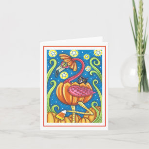 TARJETA FLAMINGO ROSA DE HALLOWEEN GATO NEGRO EN CALABAZA