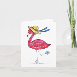 Tarjeta Flamingo rosa dulce y caprichoso en los patines