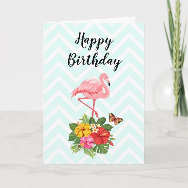 Tarjeta Flamingo rosa y cumpleaños del Hibiscus tropical (Anverso)