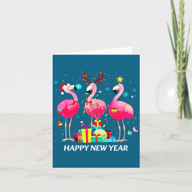 Tarjeta Flamingo Santa Hat Happy New Year Light Long Sleev (Anverso)