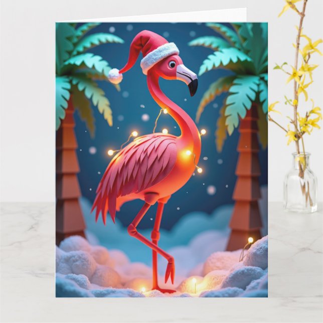 Tarjeta Flamingo tropical con luces en Navidades nevados (flor amarilla)