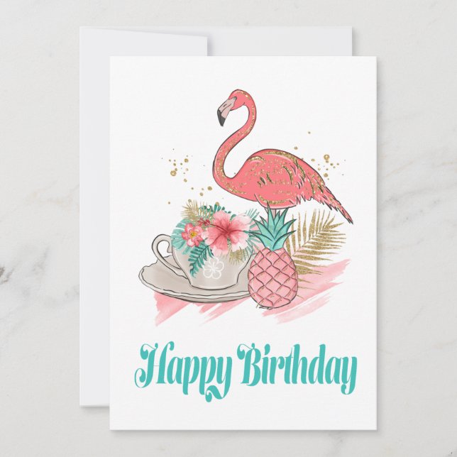 Tarjeta Flamingo Tropical Rosa Purpurina de oro Feliz cump (Anverso)