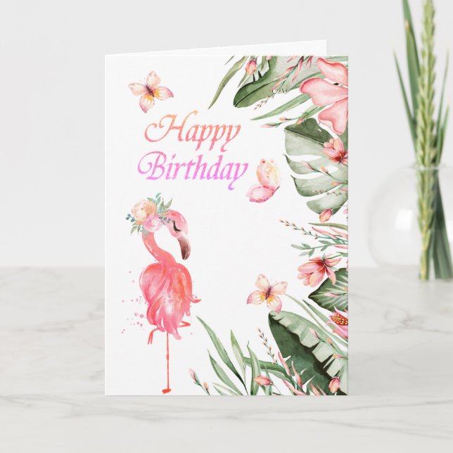 Tarjeta Flamingos Mariposas Hojas Tropicales Cumpleaños  (Anverso)