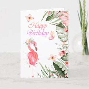 Tarjeta Flamingos Mariposas Hojas Tropicales Cumpleaños 
