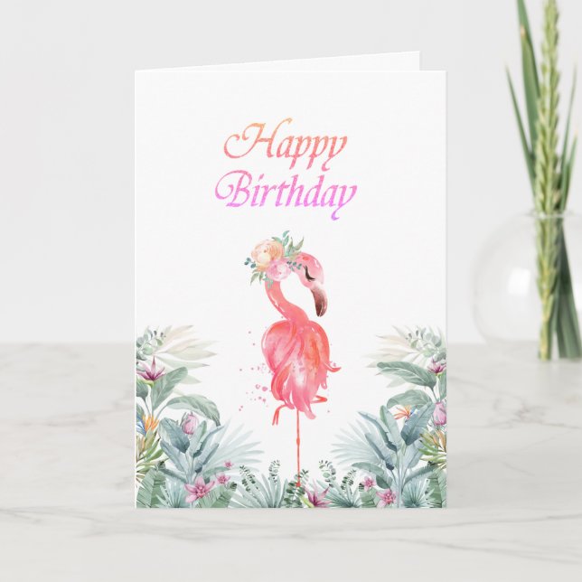 Tarjeta Flamingos rosados adorables flores tropicales cump (Anverso)