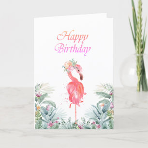 Tarjeta Flamingos rosados adorables flores tropicales cump