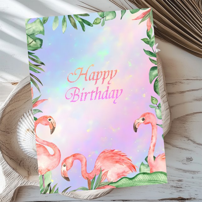 Tarjeta Flamingos rosados Cumpleaños Holográfico Tropical (Subido por el creador)