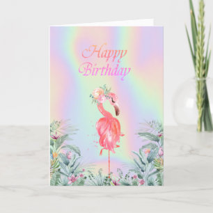 Tarjeta Flamingos rosados Flores holográficas Cumpleaños