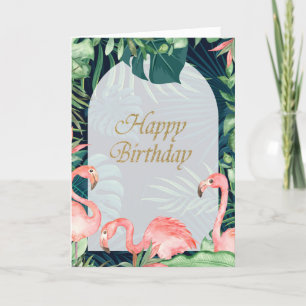 Tarjeta Flamingos Rosados Hojas de Palma Tropicales Cumple