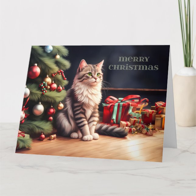 Tarjeta Flauschige Katze mit Weihnachtsbaum (Anverso)