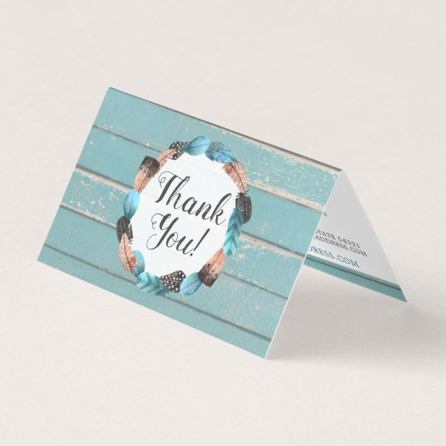 Tarjeta Flecha de madera y plumas de turquesa rústica Grac (Anverso)