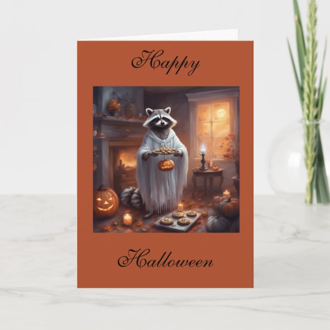 Tarjeta Floaty Ghost Raccoon Halloween greeting card (Anverso)