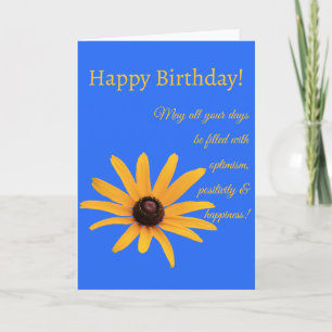 Tarjeta Flor amarillo brillante en cumpleaños plegado azul