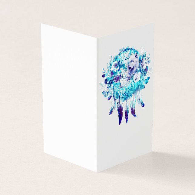 Tarjeta Flor azul púrpura Lobo blanco Dreamcatcher (Exterior)