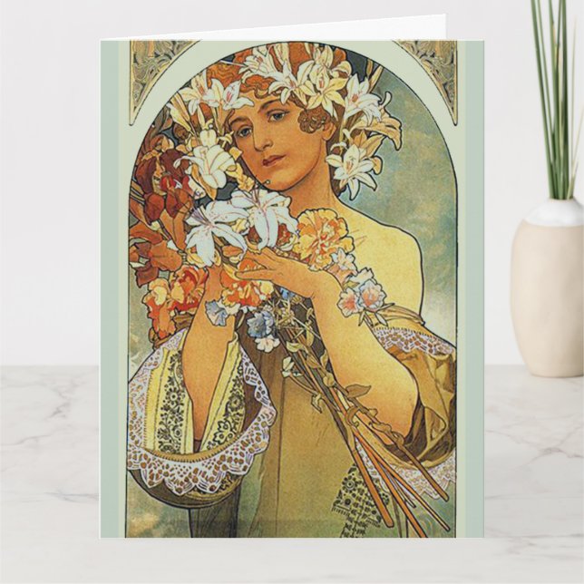 Tarjeta Flor, Bella Artes Alphonse Mucha Cumpleaños (Anverso)