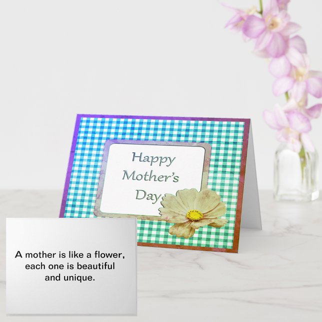 Tarjeta Flor blanca en el Día de la Madre y Gingham azul (Mother's Day White Flower and Blue Gingham Card)