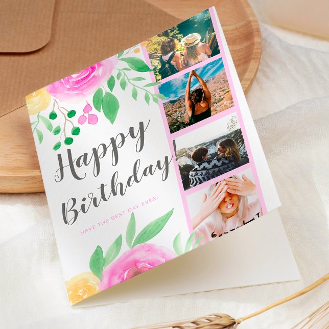 Tarjeta Flor brillante acuarela 4 foto cumpleaños (Bright floral watercolor 4 photo grid birthday card)