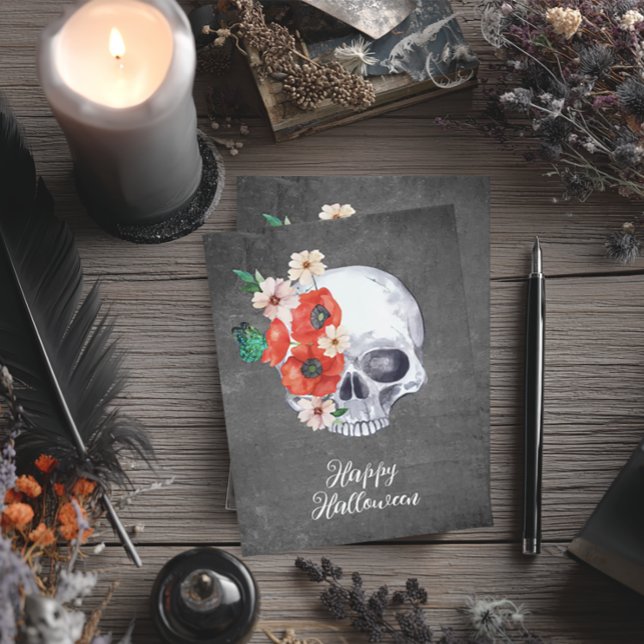 Tarjeta Flor de Calavera Halloween (Boho Floral Skull Halloween Card)