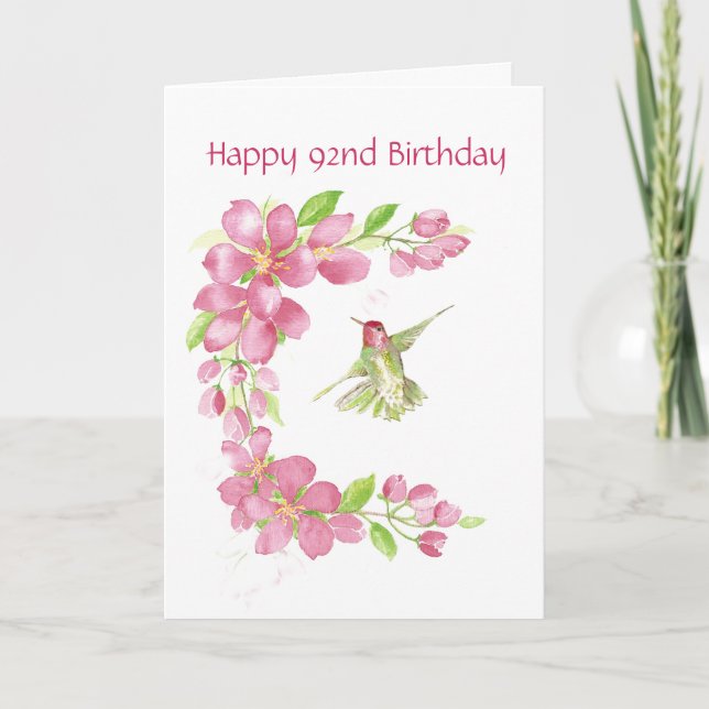 Tarjeta Flor de cerezo y colibrí de cumpleaños 92 en blanc (Anverso)
